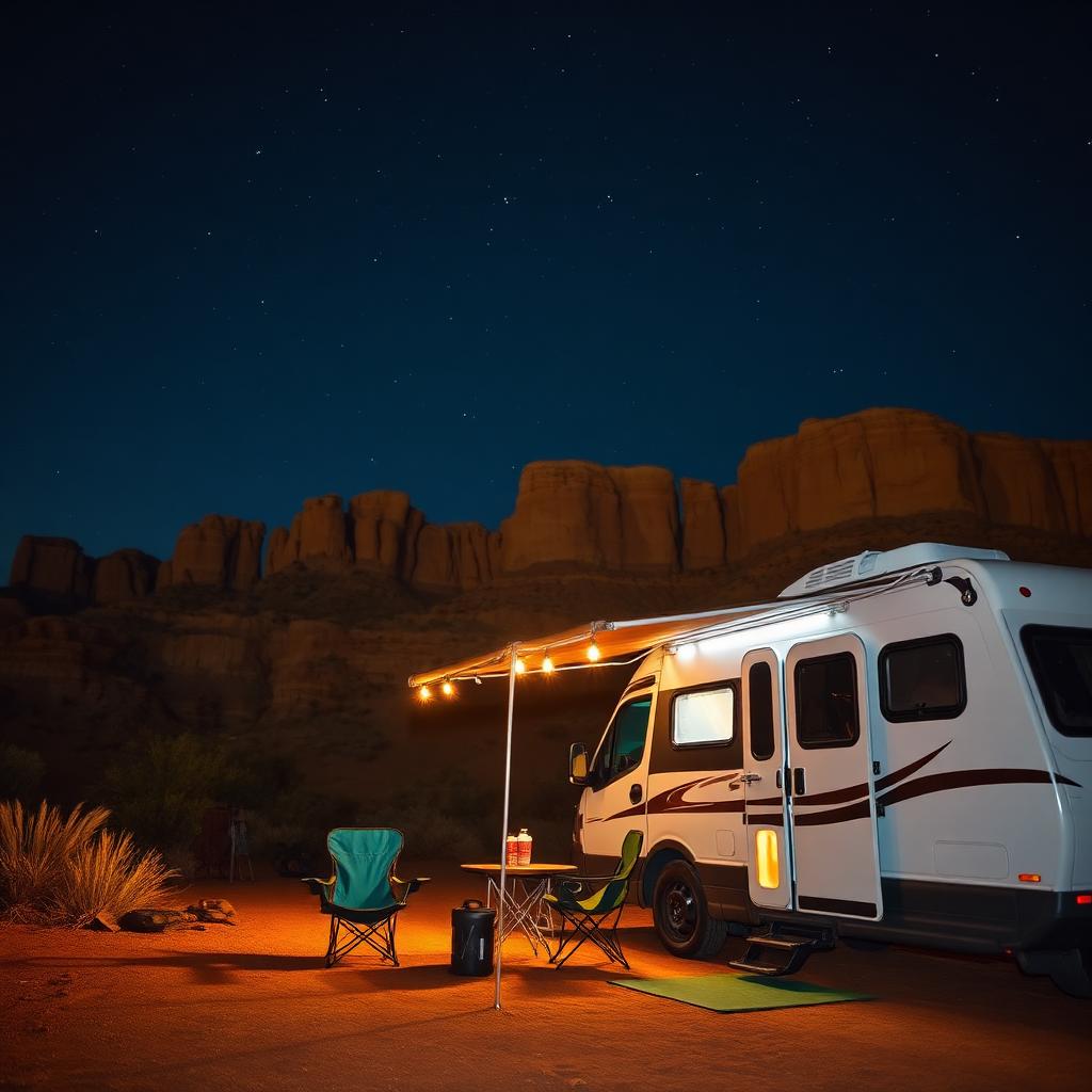 Campervan with awning lights at a desert campsite under a starry sky